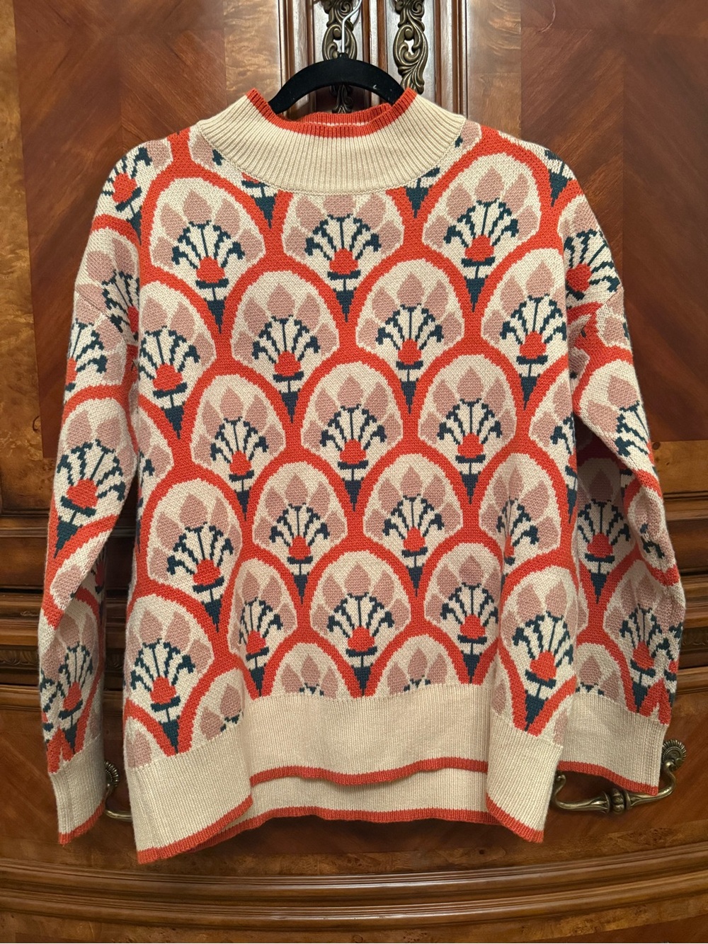 JODIFL Orange & Cream & Green Patterned Cowl Neck Sweater